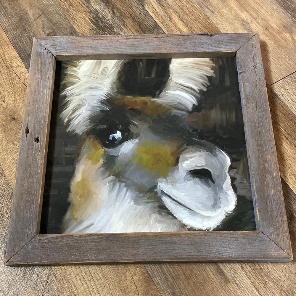 Rustic Llama Portrait in Wooden Frame